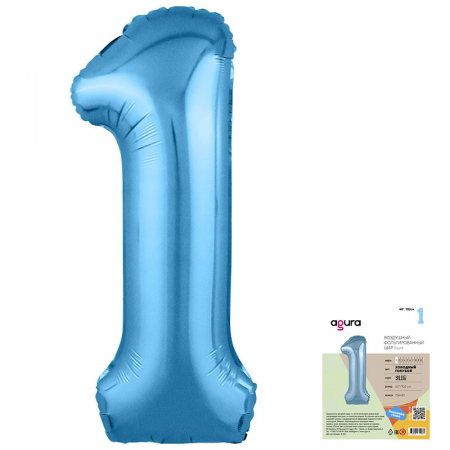 Шар (40''/102 см) Цифра, 1, Slim, Голубой 1 шт.