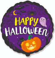 Шар (18''/46см) Круг, Веселый Хэллоуин (котенок и тыква), Фиолетовый, 1 шт.