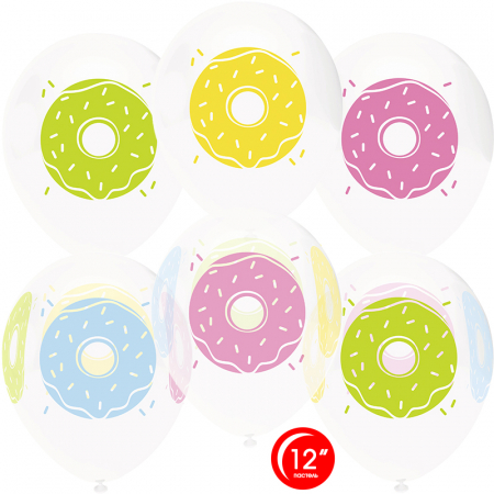 Шар (12''/30см) Пончики, Белый (801)/Прозрачный (701), кристалл, 4 ст, 25 шт.