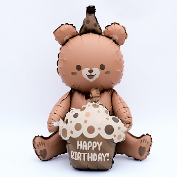 Шар (23"/58см) Фигура, Мишка с тортом, Шоколадный, 1 шт.     Шар (23"/58см) Фигура, Мишка с тортом, Шоколадный, 1 шт.