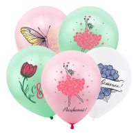 Шар (12"/30см) С 8 марта Цветы, Ассорти, пастель, 50 шт.