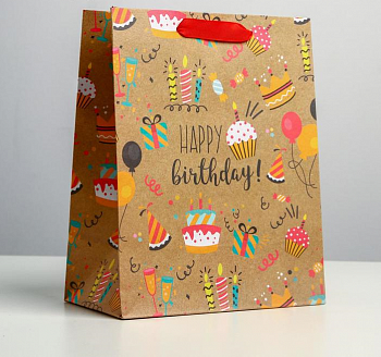 Пакет подарочный (18*23*10см), Happy birthday, крафт, 1 шт.