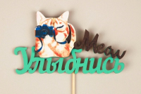 Топпер "Улыбнись" с киской (11,5*28) МДФ 3мм, УФ печать, окраш., оформл., Тиффани-черный, 1 шт.