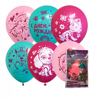 Шар (12"/30 см)  С днем рождения, Щенячий Патруль, Ассорти, Пастель, 5 шт.