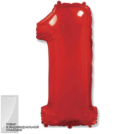 Шар (40"/102см) Цифра, "1", Красный, в упаковке, 1 шт.