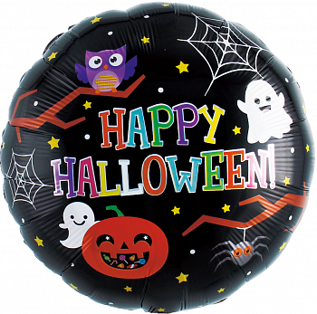 Шар (18''/46см) Круг, Веселый Хэллоуин, Черный, 1 шт.