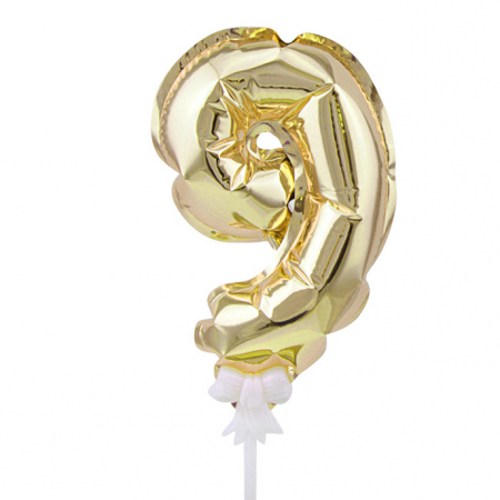Шар (7"/18см) Цифра 9 Золото, трубочка, держатель, в упаковке, 1 шт.