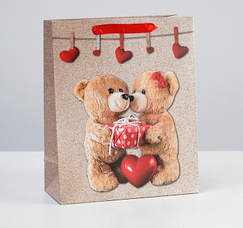 Пакет ламинированный (26*32*12 см) Влюбленные мишки с подарком, 1 шт.