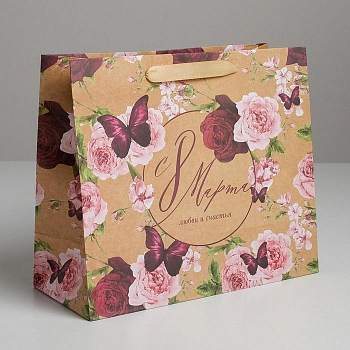 Пакет подарочный (27*23*11,5см), Бабочки, крафт, 1 шт.