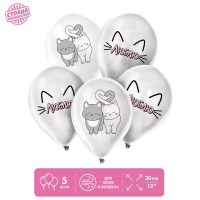 Шар (12"/30см) Люблю, романтичные котики, пастель, 5 шт. 