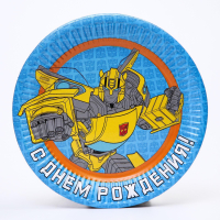 Тарелки бумажные (18см), "С Днем Рождения", Трансформеры, голубая, 10 шт.