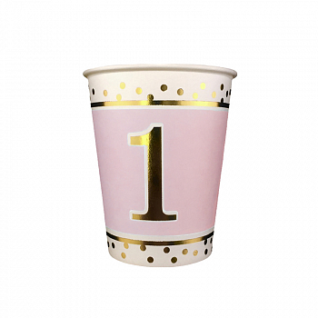Стаканы бумажные (260мл), "Золотая цифра 1" на розовом, 6 шт. 