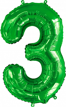 Шар (34''/86 см) Цифра, 3, Slim, Зеленый, 1 шт. в упак.