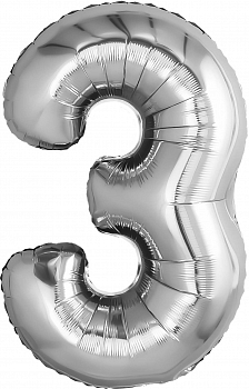 Шар (32''/81см) Цифра, 3, Серебро, 1 шт. в упак.