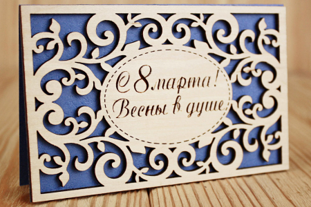 Открытка (14*10 см), "С 8 марта! Весны в душе!", Фанера, картон, Синий, 1 шт.