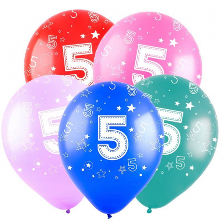 Шар (12"/30см) Цифра "5", ассорти, пастель 5 ст., 50 шт.