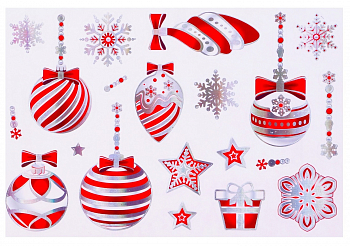 Наклейки "Ёлочные украшения" голография, красные игрушки, 16,7*24,6 см, 1шт.