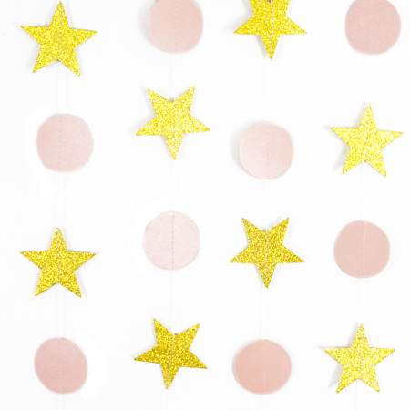 Гирлянда-подвеска (250см), Звезда, Микс с кругами, Розовый/Золото, с блестками, 1 шт.