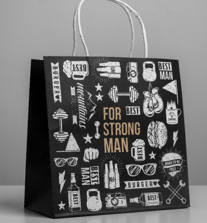 Пакет подарочный (22*22*11см), For strong man, крафт, 1 шт.