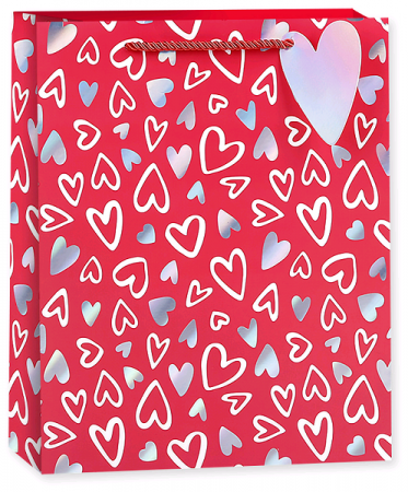Пакет подарочный (23*18*10 см), Граффити сердец, Красный, Голография, 1 шт.