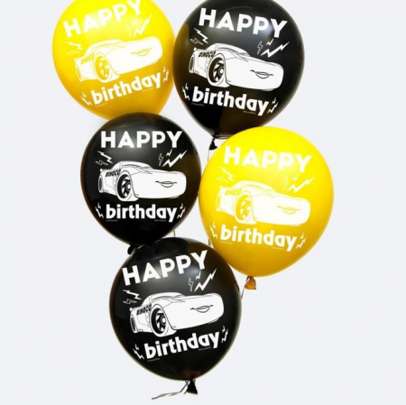 Шар (12"/30см) С ДР, Тачки, Черный/желтый, 25 шт.