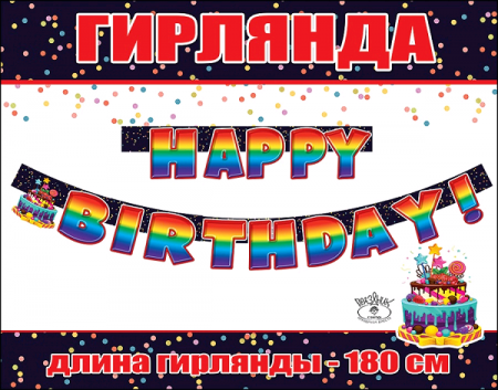 Гирлянда (180 см), Happy Birthday (яркий торт), Радужный, Градиент, 1 шт.