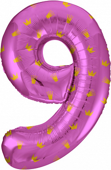 Шар (34''/86см) Цифра, 9 Золотые короны, Розовый, 1 шт. в упак.