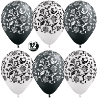 Шар (12''/30см) Узоры, Жемчужный (406)/Черный (580), металлик, 5 ст, 12 шт.