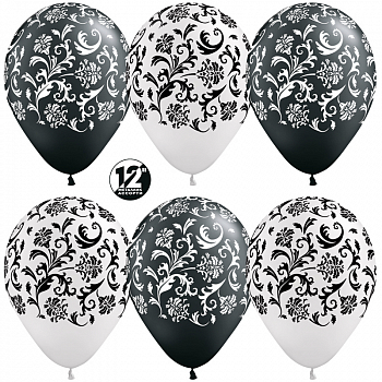 Шар (12''/30см) Узоры, Жемчужный (406)/Черный (580), металлик, 5 ст, 12 шт.
