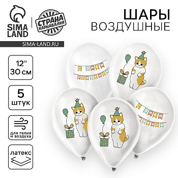 Шар (12"/30см) Праздничный котик, Ассорти, 5 шт. 