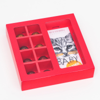 Коробка (17,7*17,9*4см), под 8 конфет + шоколад, с окном, алая, 1 шт.