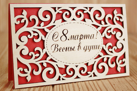 Открытка (14*10 см), "С 8 марта! Весны в душе!", Фанера, картон, Красный, 1 шт.