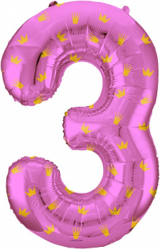 Шар (34''/86см) Цифра, 3 Золотые короны, Розовый, 1 шт. в упак.
