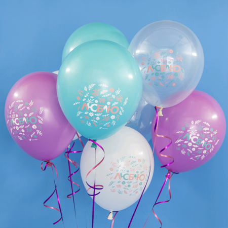 Шар (12''/30см) Люблю (цветочный декор), Ассорти, пастель, 1 ст, 50 шт.