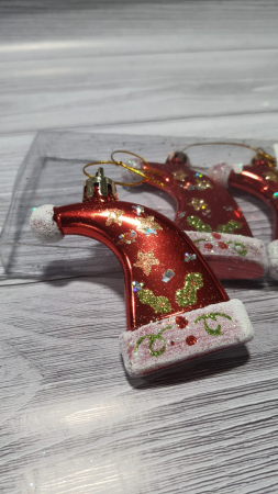 Новогодние игрушки (7см), Фигура колпак блестящий с рисунком, Красный, 4 шт.