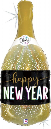 Шар (36''/91см) Фигура, Бутылка Шампанское, С Новым Годом!, Золото, Голография, 1 шт.