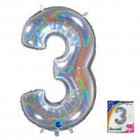 Шар (26"/65см) Цифра, "3", Серебро голография, в упаковке, 1 шт.