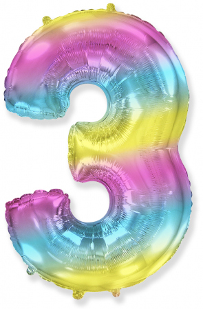 Шар (40''/102см) Цифра, "3", Диагональная радуга, в упаковке, 1 шт.