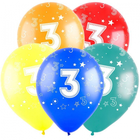 Шар (12"/30см) Цифра "3", ассорти, пастель 5 ст., 50 шт.